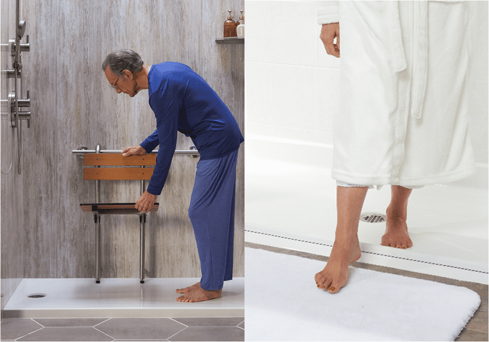 Shower chair and a walk in shower with only a 1-inch lip barrier